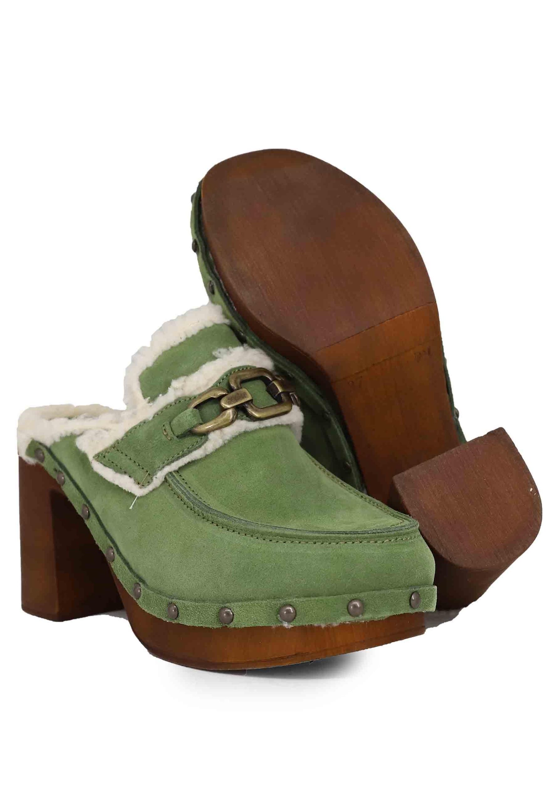 Zoccoli donna in camoscio verde con fodera in eco fur e tacco alto Donna 8850 005 - immagine 6