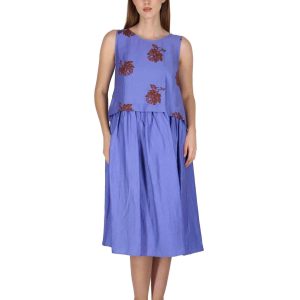 Abito Airy Midi Flow in lino blu con stampa Donna JABAB0001-F1522-1232 6090