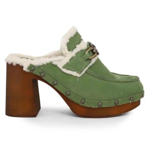 Zoccoli donna in camoscio verde con fodera in eco fur e tacco alto Donna 8850 005