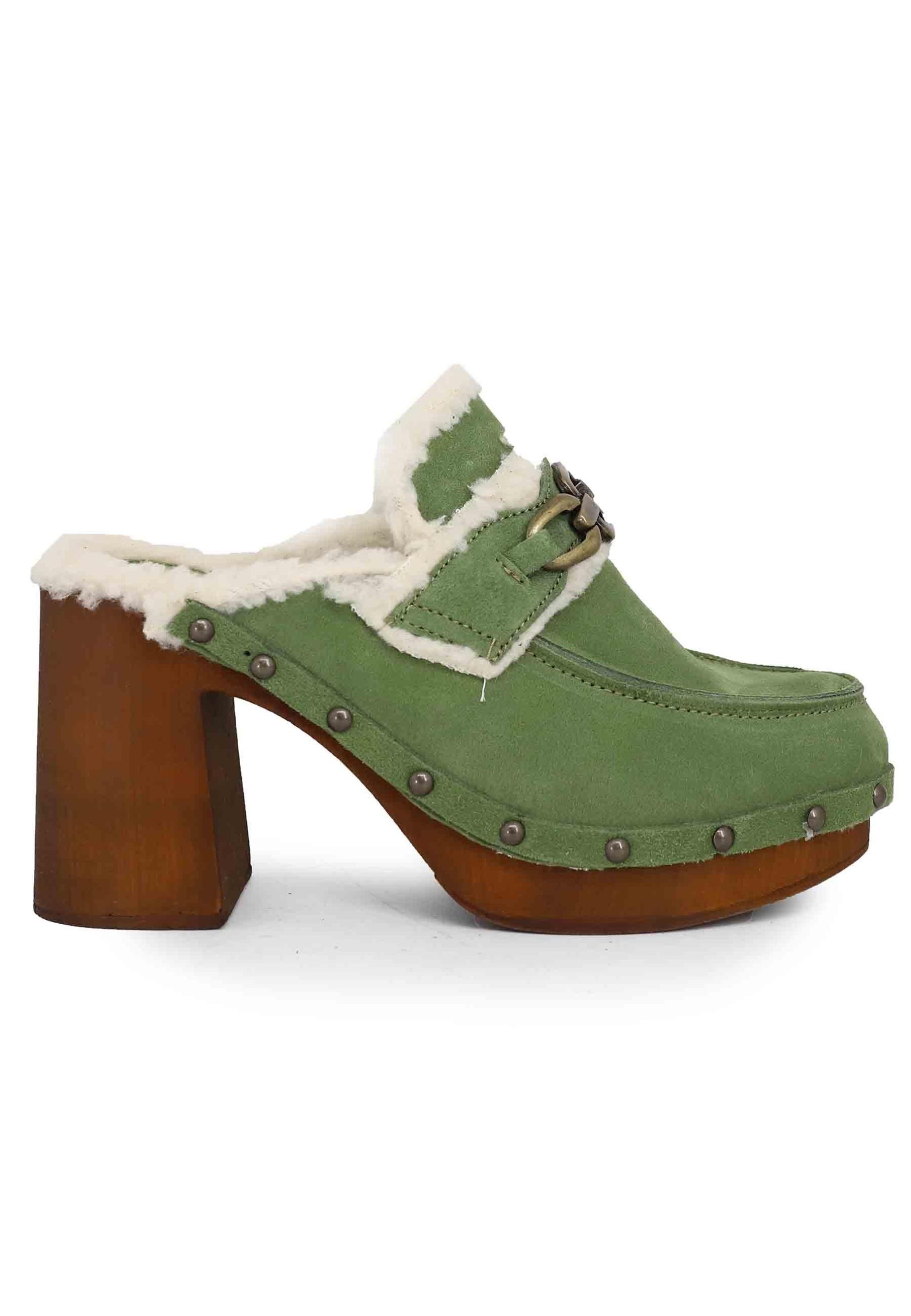 Zoccoli donna in camoscio verde con fodera in eco fur e tacco alto Donna 8850 005