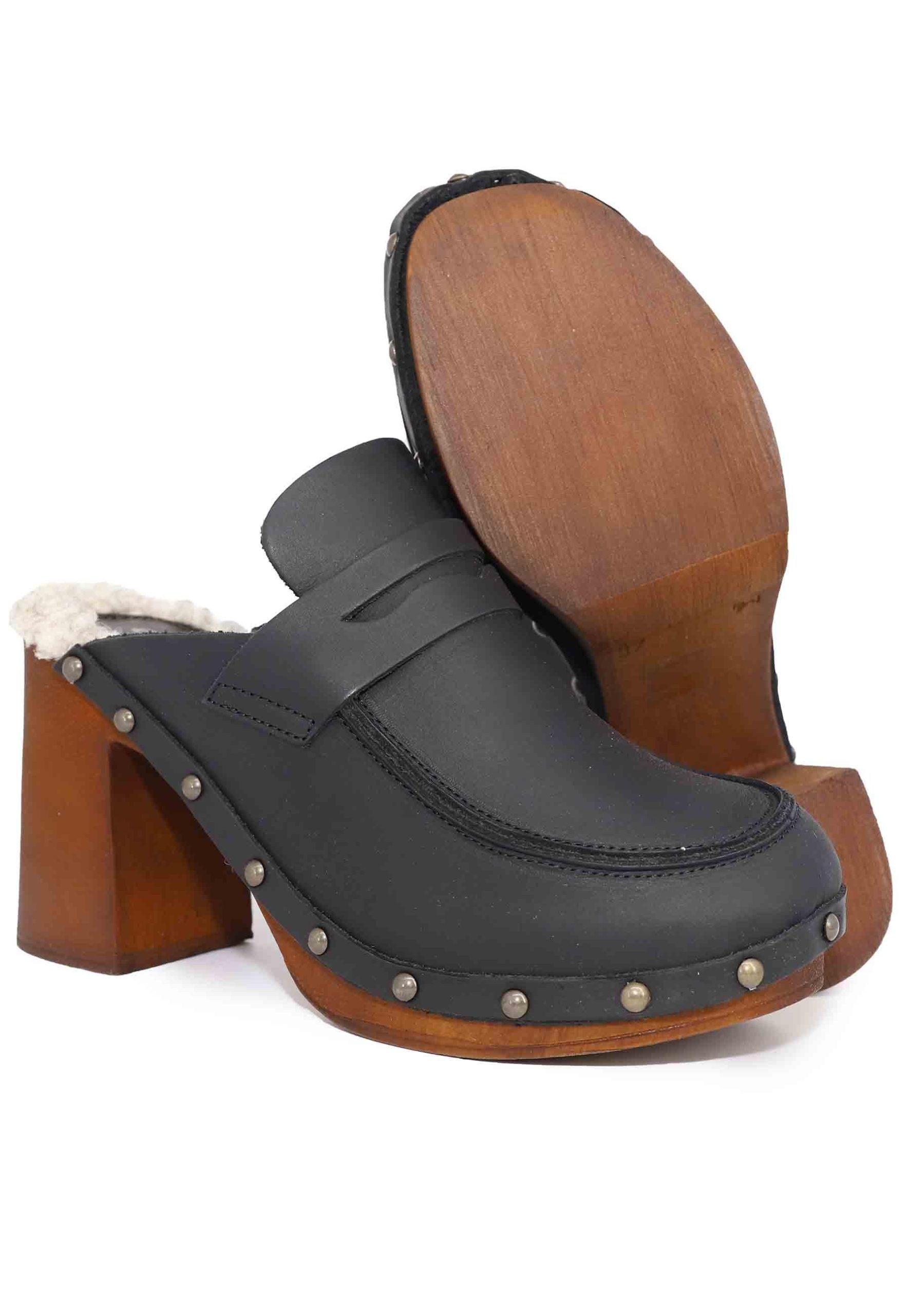 Zoccoli donna in pelle nera con sottopiede in eco fur e tacco alto Donna 8852 001 - immagine 6