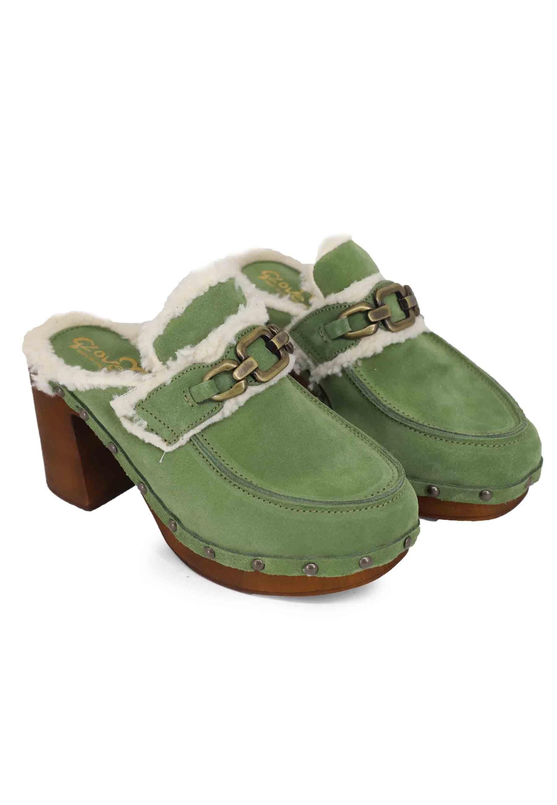 Zoccoli donna in camoscio verde con fodera in eco fur e tacco alto Donna 8850 005 - immagine 4