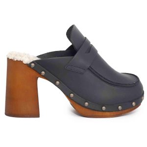 Zoccoli donna in pelle nera con sottopiede in eco fur e tacco alto Donna 8852 001