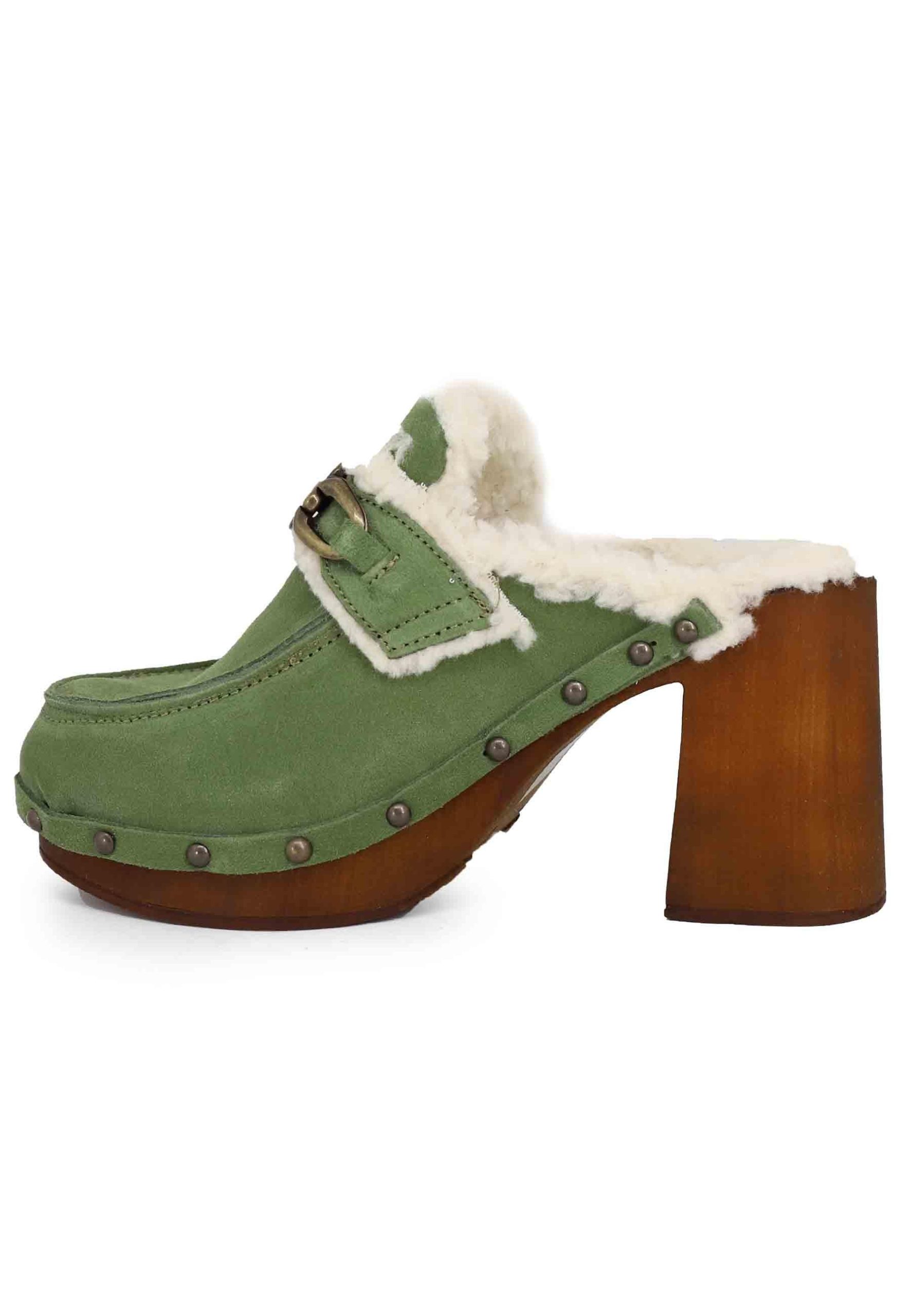 Zoccoli donna in camoscio verde con fodera in eco fur e tacco alto Donna 8850 005 - immagine 3