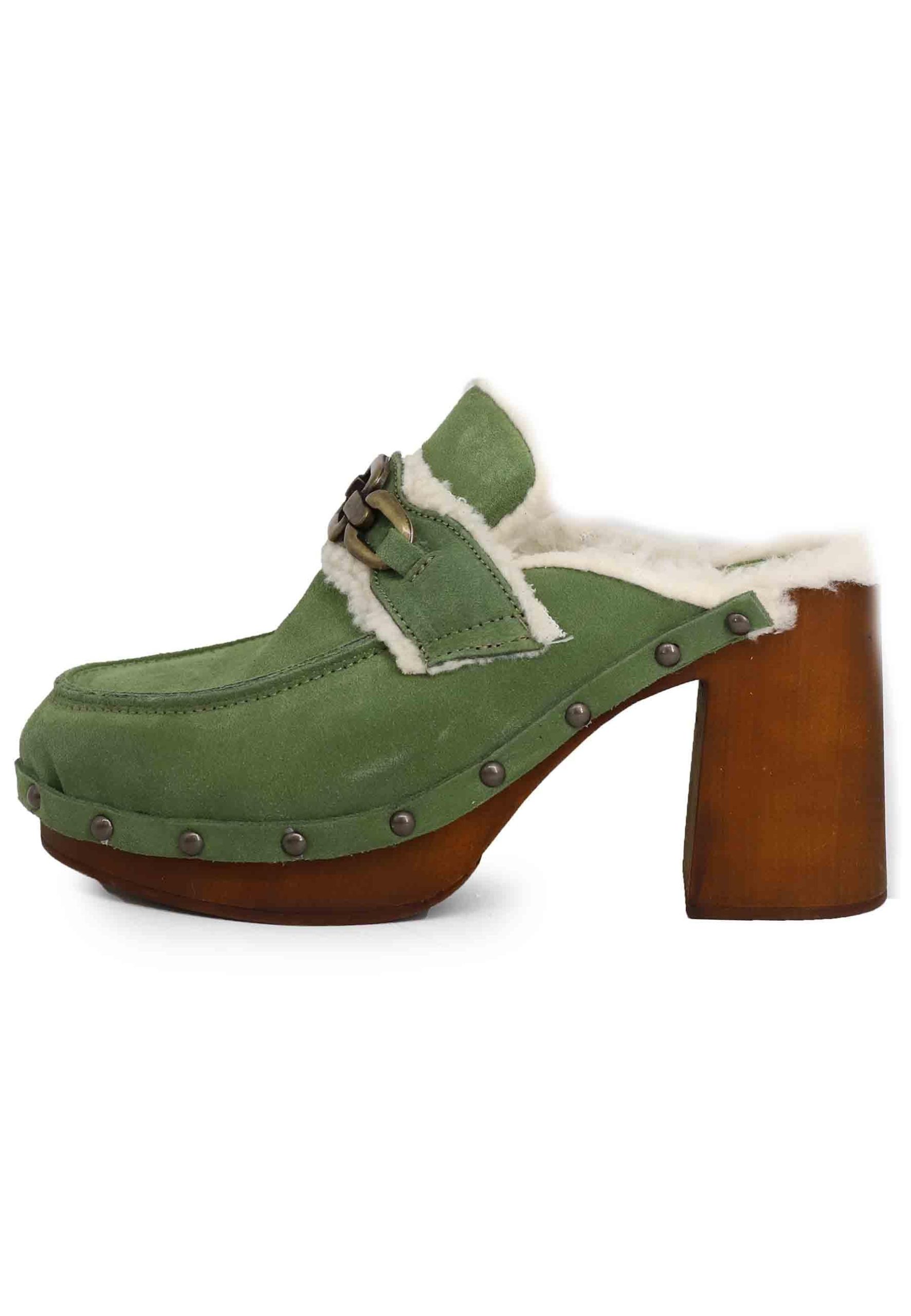 Zoccoli donna in camoscio verde con fodera in eco fur e tacco alto Donna 8850 005 - immagine 7